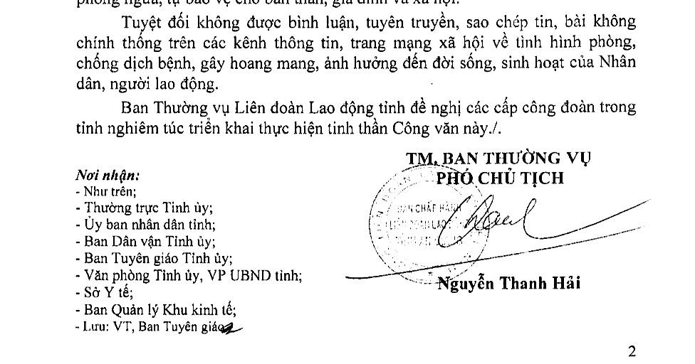 Nội dung công văn kêu gọi đoàn viên CNLĐ tránh xa thông tin ảo về virus corona. Ảnh: LT