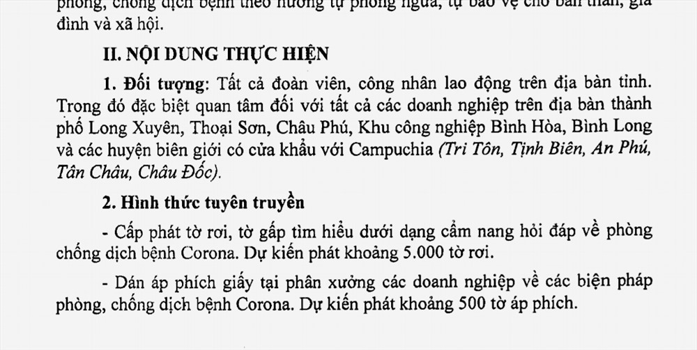 Văn bản kế hoạch phát tờ rơi thông tin đúng, đủ về virus corona. Ảnh: LT