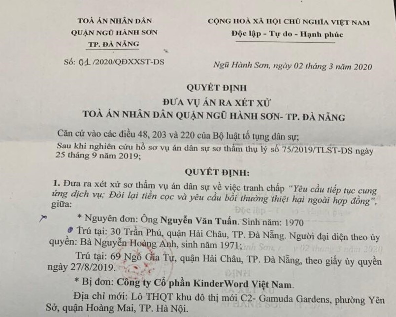 Quyết định đưa vụ án dân sự “...yêu cầu bồi thường thiệt hại ngoài hợp đồng” đối với Cty KinderWorld ra xét xử (ảnh TH)