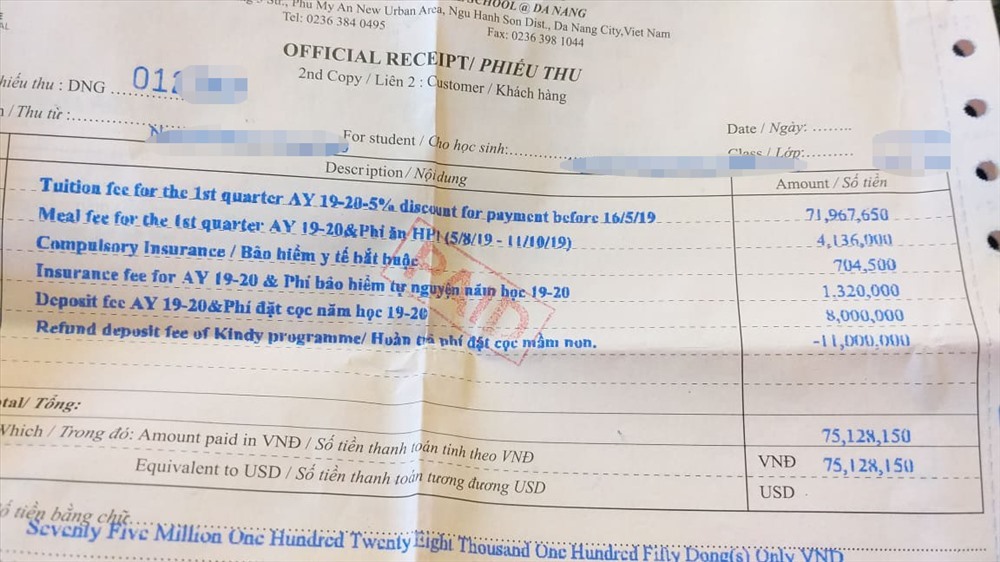 Hóa đơn thu học phí của Trường Quốc tế Singapore Đà Nẵng, được cho là lạm thu (ảnh TH)