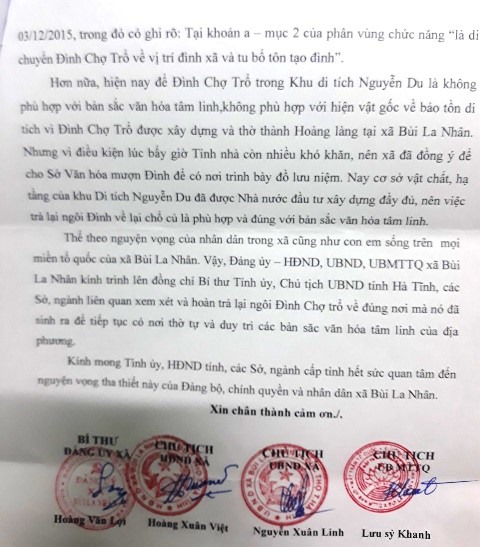 Tờ trình mà xã Bùi La Nhân vừa gửi đến ngành chức năng Hà Tĩnh để xin lại đình Chợ Trổ. Ảnh: Trần Tuấn