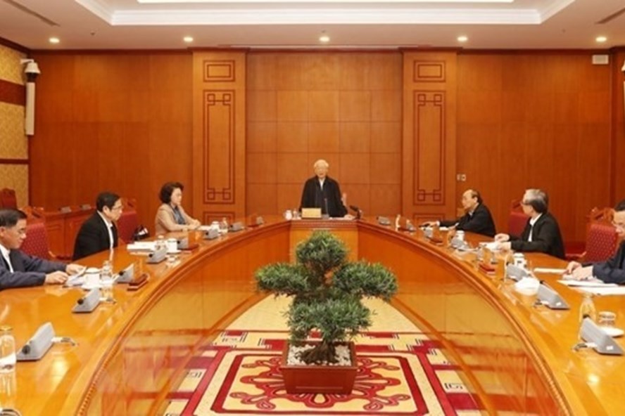 Tổng Bí thư, Chủ tịch nước Nguyễn Phú Trọng, Trưởng Tiểu ban Nhân sự Đại hội XIII của Đảng phát biểu chỉ đạo cuộc họp. (Ảnh: Trí Dũng/TTXVN)