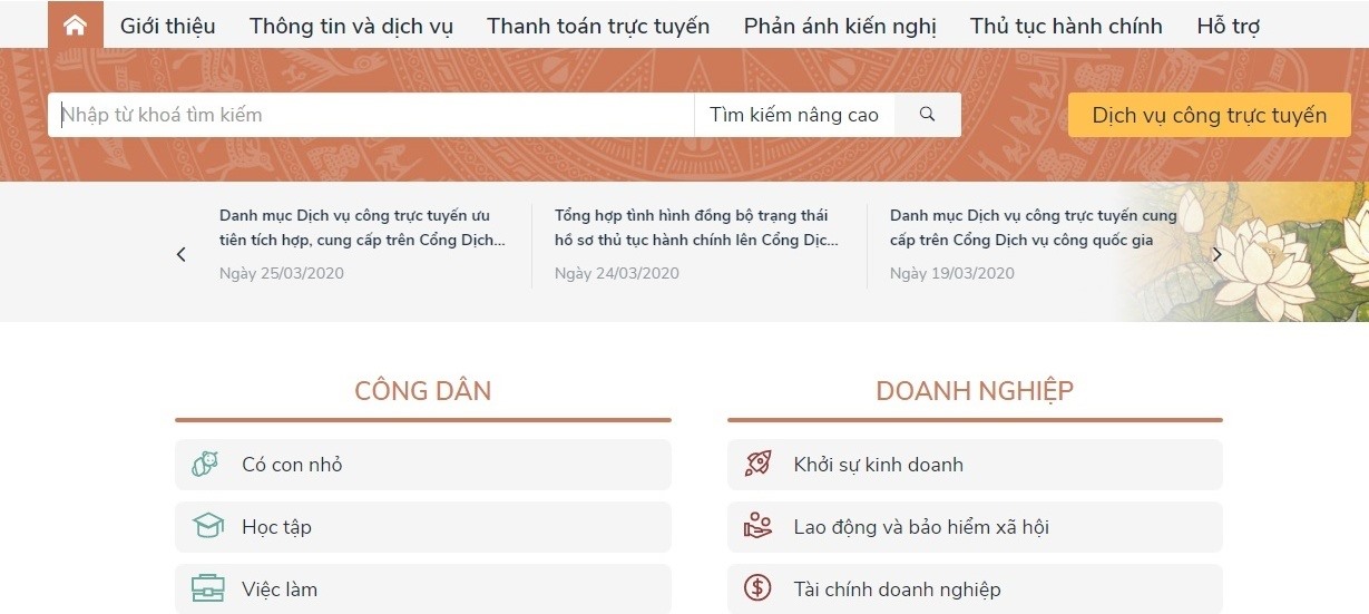 Giao diện Cổng dịch vụ công quốc gia.