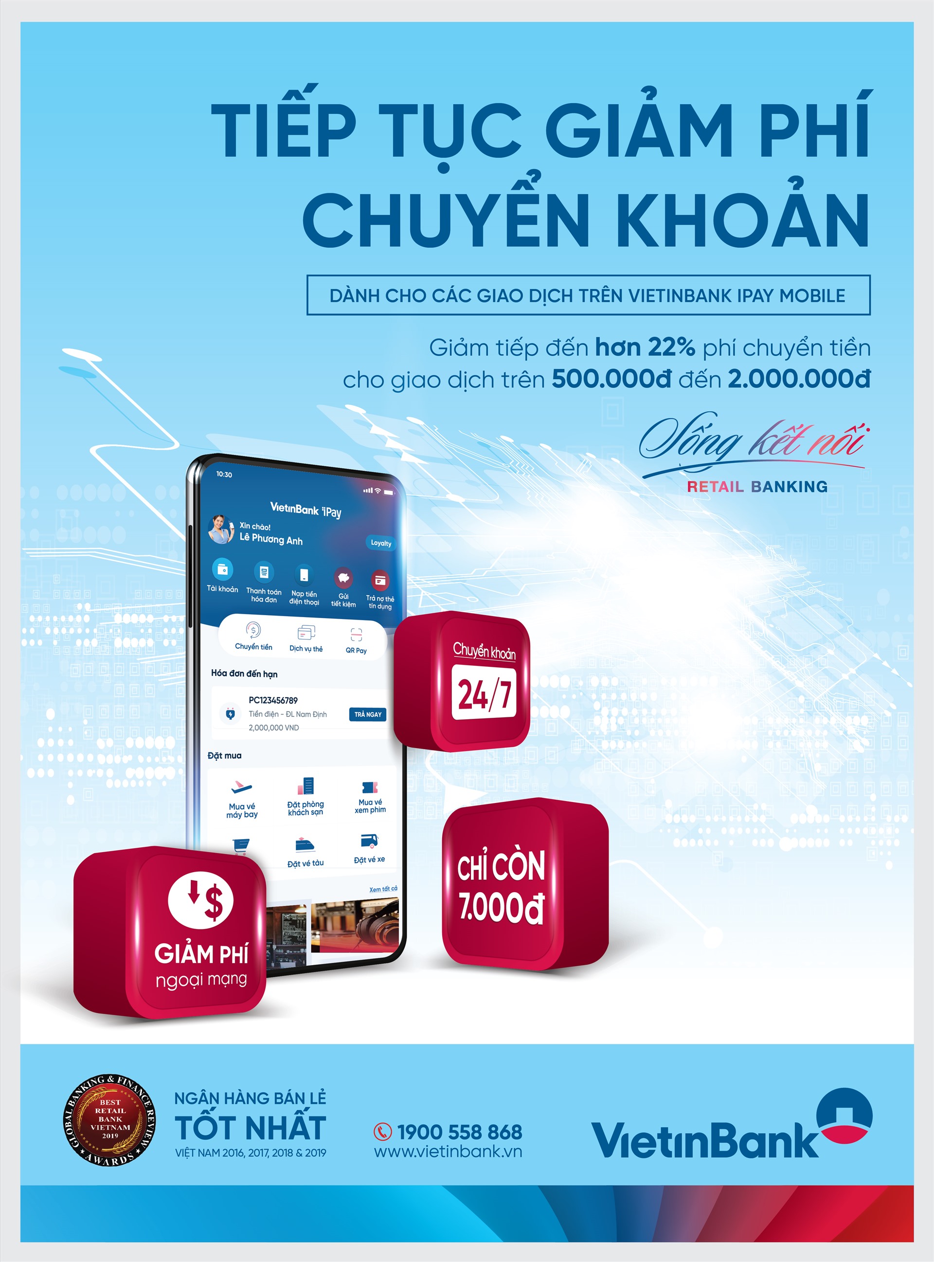 Trong thời điểm cả nước đang nỗ lực đẩy lùi dịch bệnh COVID -19, VietinBank tiếp tục mang đến ưu đãi giảm phí dịch vụ chuyển tiền nhanh liên ngân hàng 24/7.