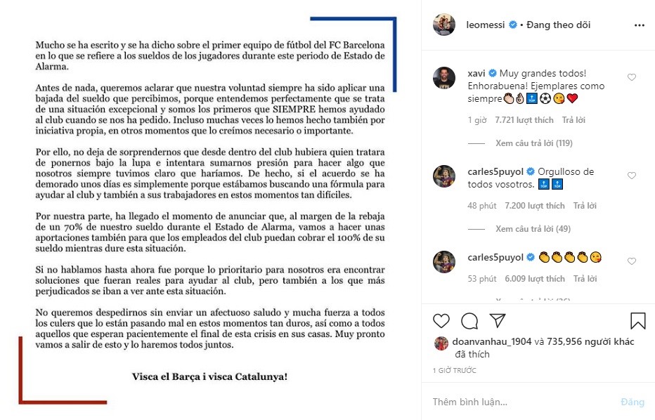 Bức thư trên trang Instagram cá nhân của Messi. Ảnh: Chụp màn hình