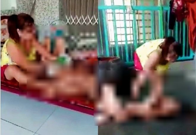 Hình ảnh bà M đánh đập, hành hạ mẹ ruột được cắt từ clip. Ảnh: LT