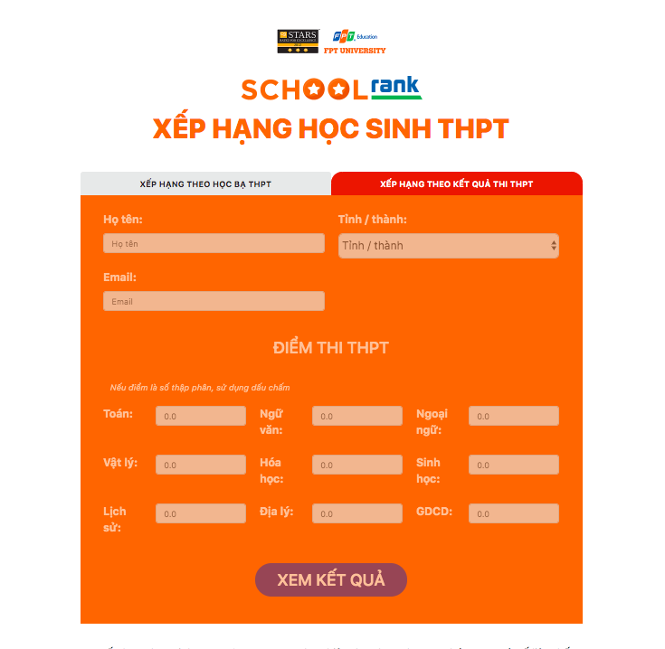 Giao diện trang Xếp hạng học sinh THPT SchoolRank do Trường ĐH FPT phát triển: Ảnh: FPT