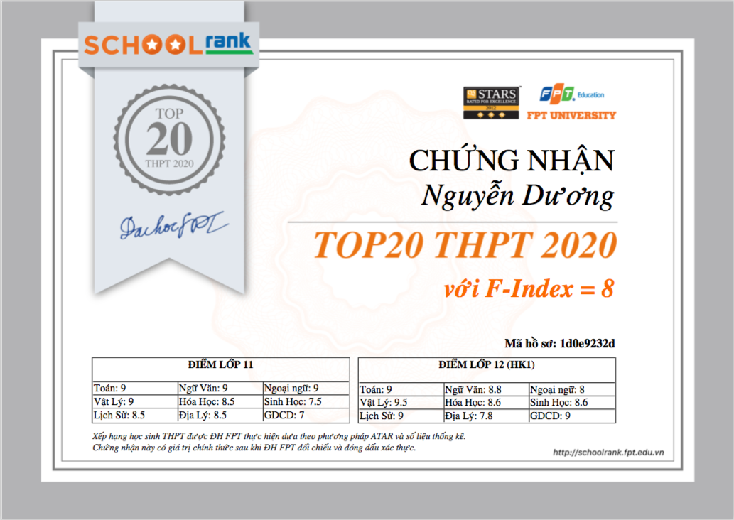 Giấy chứng nhận được cấp từ trang Xếp hạng học sinh THPT SchoolRank. Ảnh: FPT