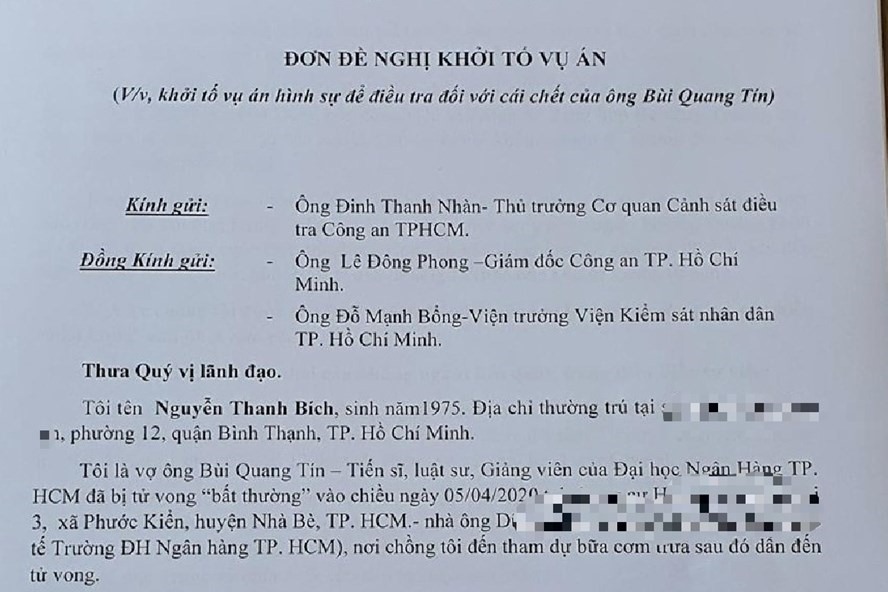 Đơn đề nghị khởi tố vụ án của gia đình TS Bùi Quang Tín.
