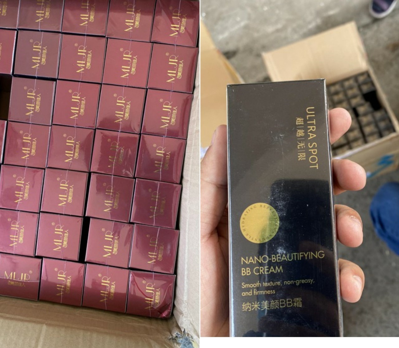 Các hộp mỹ phẩm không có giấy tờ chứng minh nguồn gốc. Ảnh: CACC