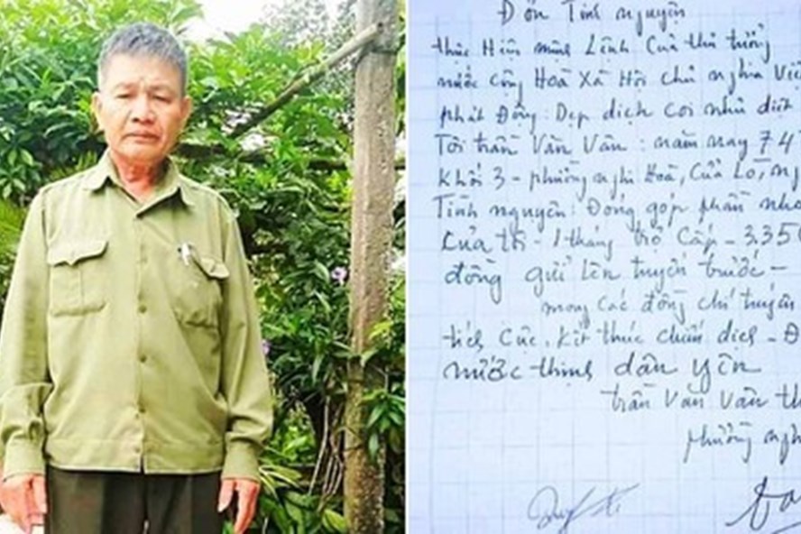 Ông Trần Văn Vân cùng đơn tình nguyện đóng góp quỹ phòng chống dịch COVID-19. Ảnh: PV