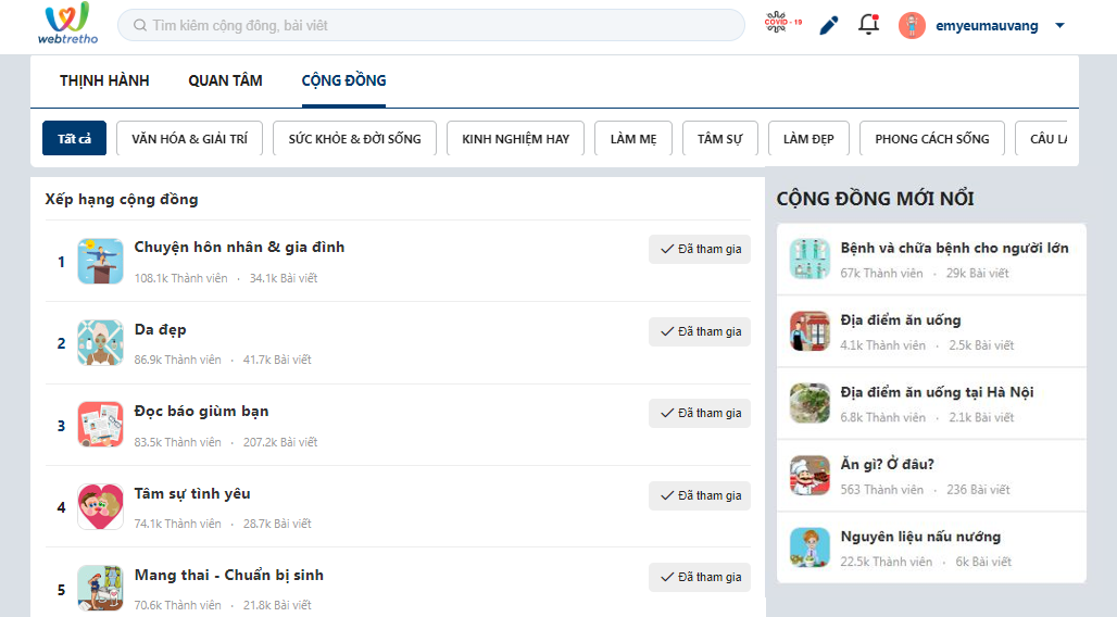 Giao diện mới của Webtretho thu hút được nhiều đối tượng với các chủ đề phong phú cùng tính tiện ích