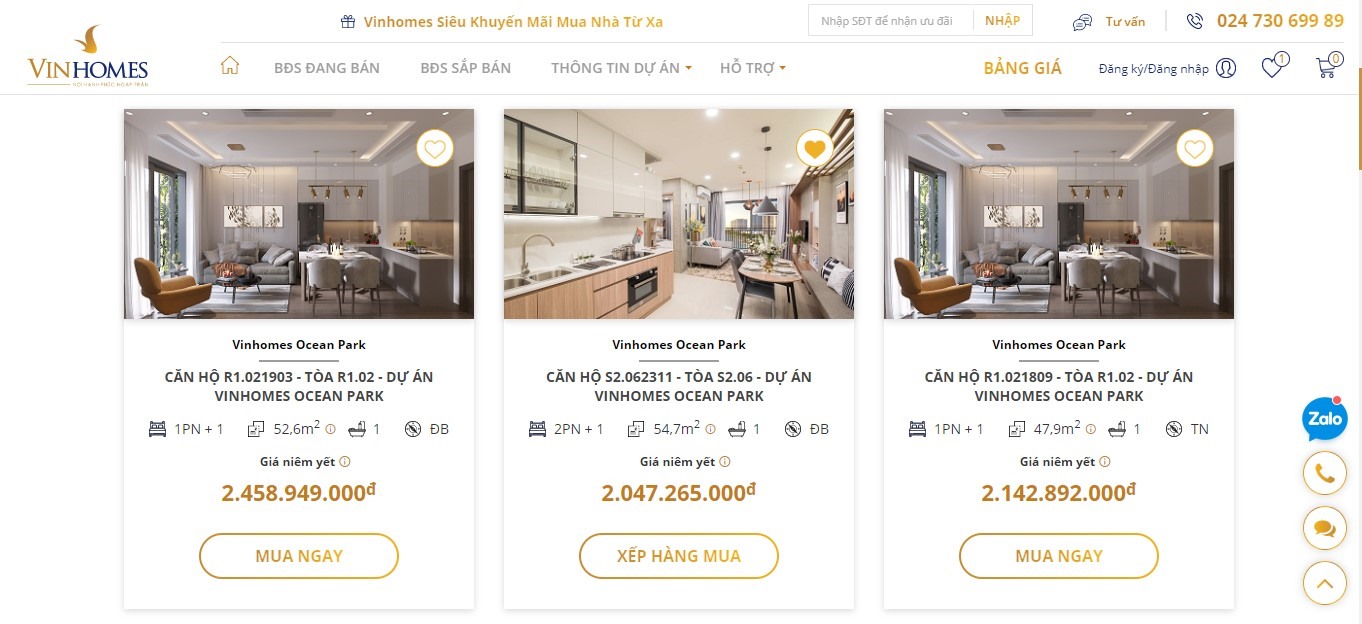 Giao diện Sàn TMĐT Vinhomes Online liệt kê các sản phẩm mở bán với chính sách giá công khai