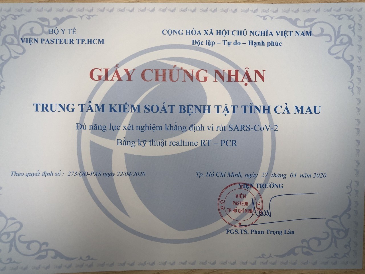 Giấy chứng nhận Cà Mau đủ điều kiện xét nghiệm virus SARS CoV-2 (ảnh Nhật Hồ)