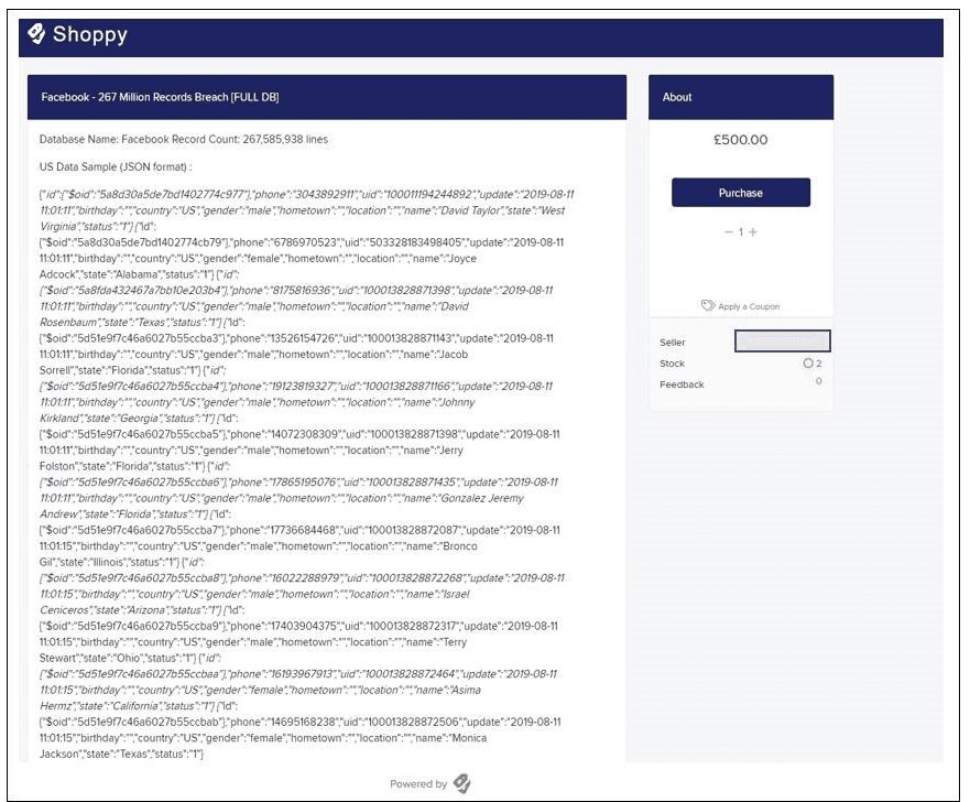Thông tin tài khoản Facebook được rao bán trên một tarng web quốc tế. Ảnh chụp màn hình.