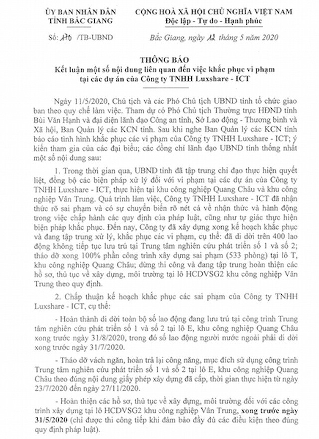Văn bản kết luận các nội dung liên quan đến việc khắc phục sai phạm tại các dự án của Công ty TNHH Luxsahe - ICT.