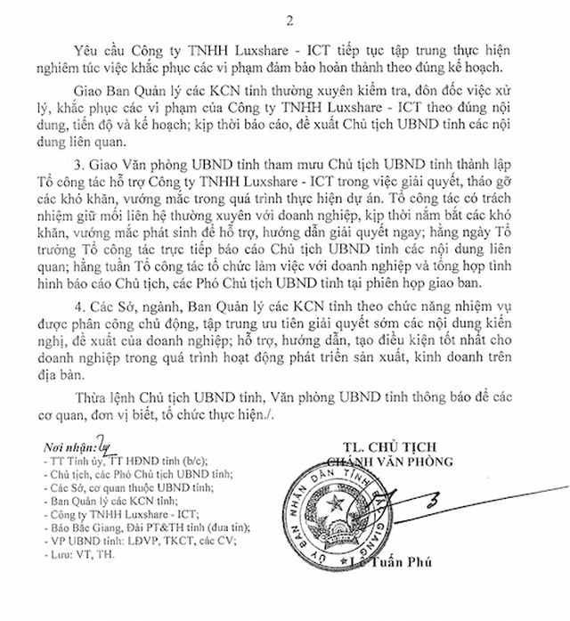 Văn bản kết luận các nội dung liên quan đến việc khắc phục sai phạm tại các dự án của Công ty TNHH Luxsahe - ICT.
