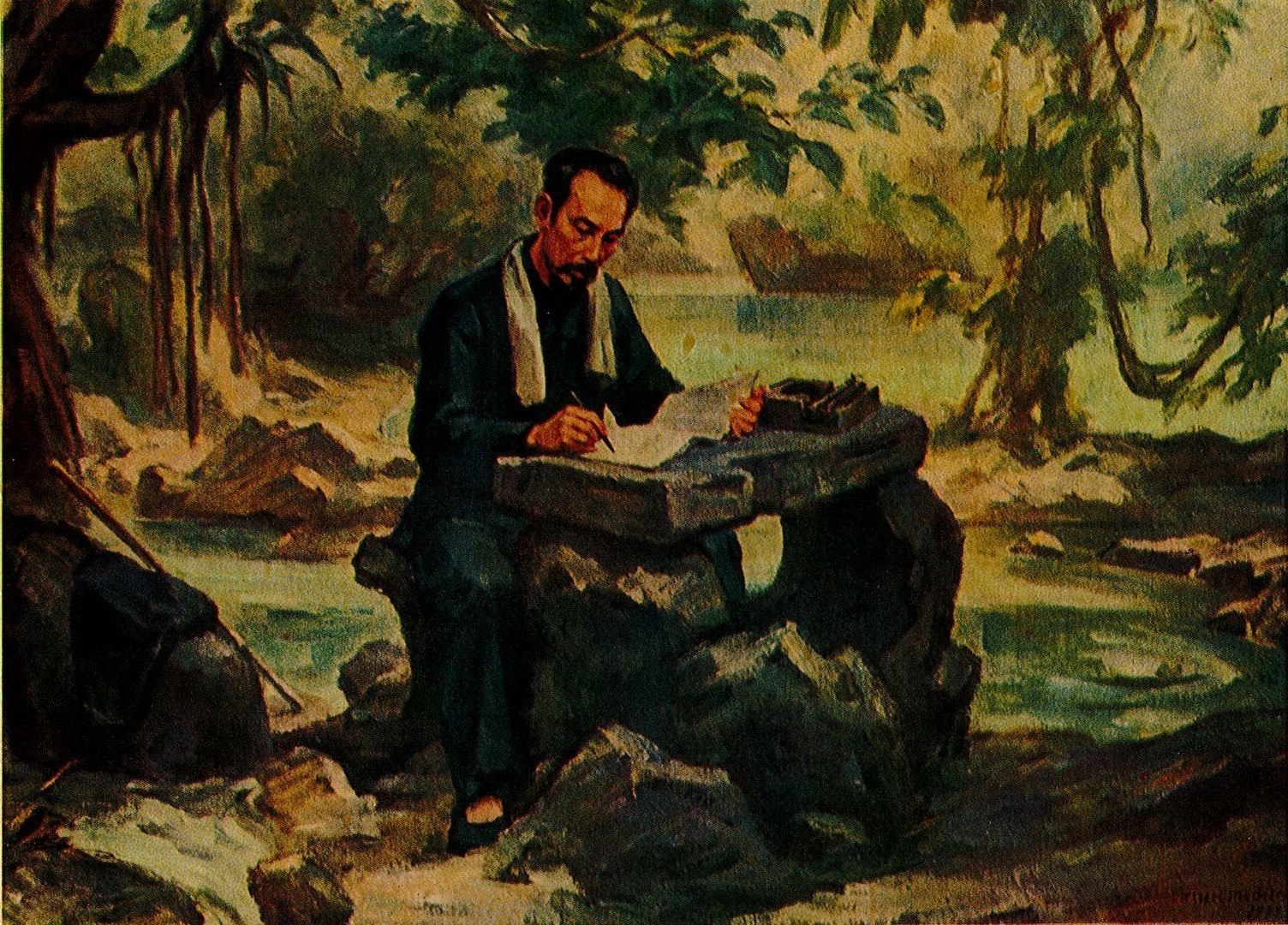 “Bác Hồ làm việc ở Pác bó” (1941), sơn dầu (1971), Trịnh Phòng.