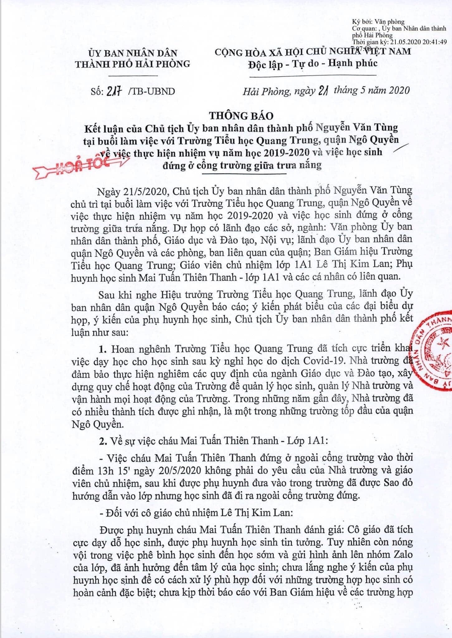 Văn bản của UBND TP Hải Phòng về vụ việc