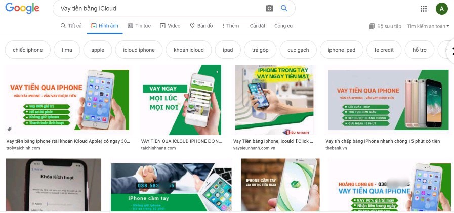 Nhan nhản các quảng cáo vay tiền qua Icloud trên Internet. Ảnh: Chup màn hình
