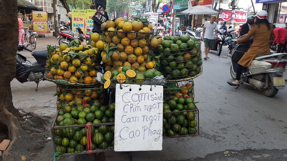 Xe hàng của anh Tuấn Anh ở đường Trần Vỹ luôn có những trái cam V2 trái vụ. Ảnh: Khánh Vũ.