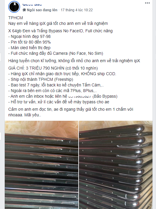Những chiếc Iphone X đã được “bypass” bán với giá chưa tới 4 triệu đồng. Ảnh: Chụp màn hình