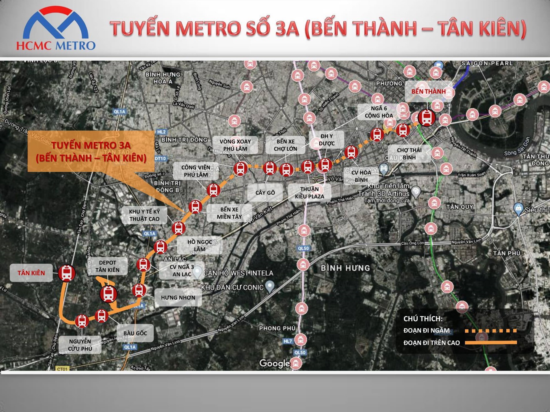 Sơ đồ tuyến metro số 3A có tổng vốn đầu tư dự kiến gần 68.000 tỉ đồng. Ảnh: Ban quản lý đường sắt đô thị