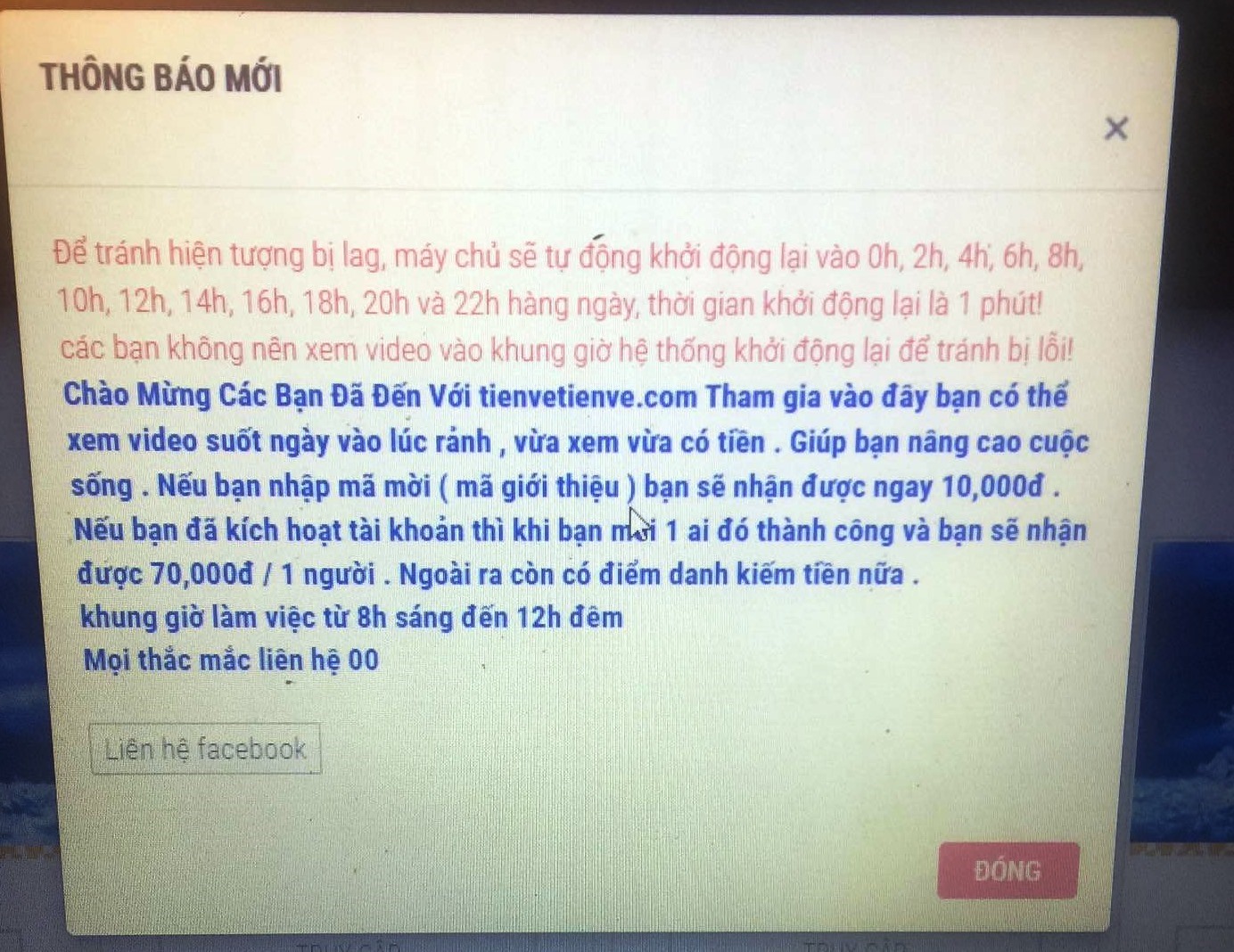 Những thông báo của trang website: tienvetienve.com để chào mời người chơi đăng ký tham gia. Ảnh: NT