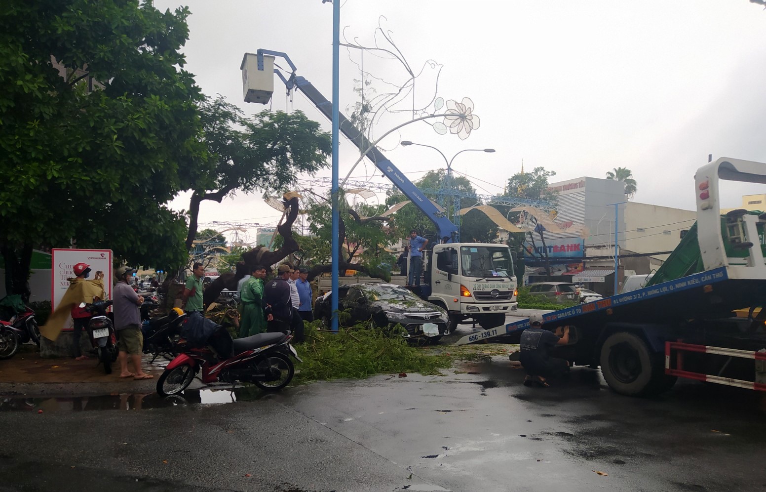 Cơn mưa lớn kèm giông lốc chiều 10-6 làm nhiều cây xanh bật gốc, ngã đè vào xe ô tô đang đậu trên đường. Ảnh: Tr.L