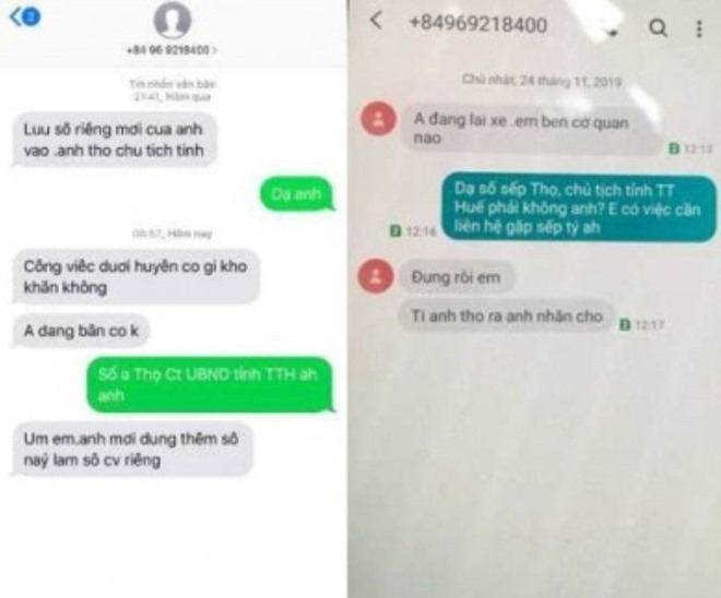Thông mạo danh Chủ tịch UBND tỉnh Thừa Thiên Huế nhắn tin đến lãnh đạo các huyện yêu cầu chuyển tiền. Ảnh: CA cung cấp.