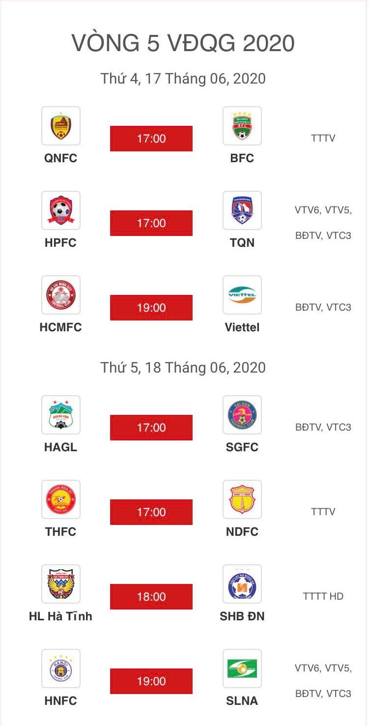 Lịch thi đấu vòng 5