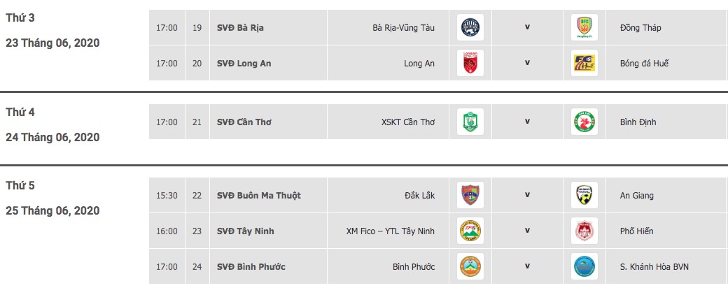 Lịch thi đấu cụ thể vòng 4 giải hạng Nhất 2020. Ảnh: VPF.