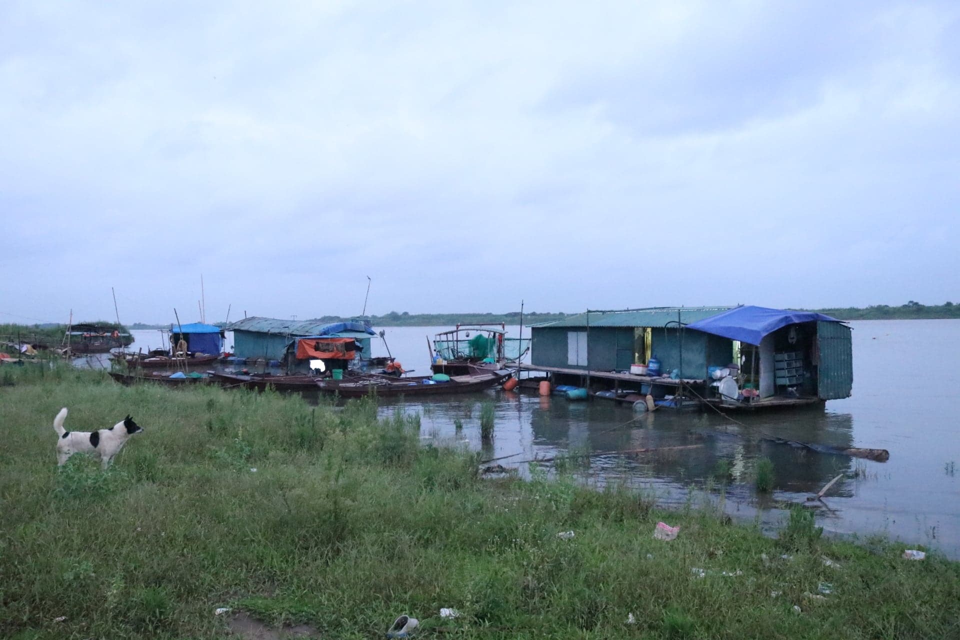 Hơn 10 con thuyền nằm chơi vơi trên sông chính là nơi trú ngụ, mái nhà của những hộ dân nơi đây.