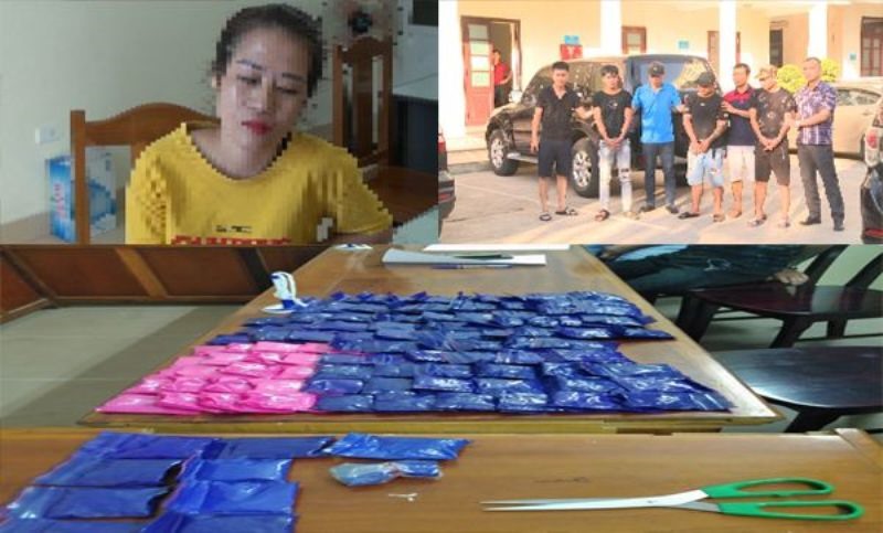 Các đối tượng cùng tang vật bị thu giữ tại cơ quan điều tra. Ảnh: CATH