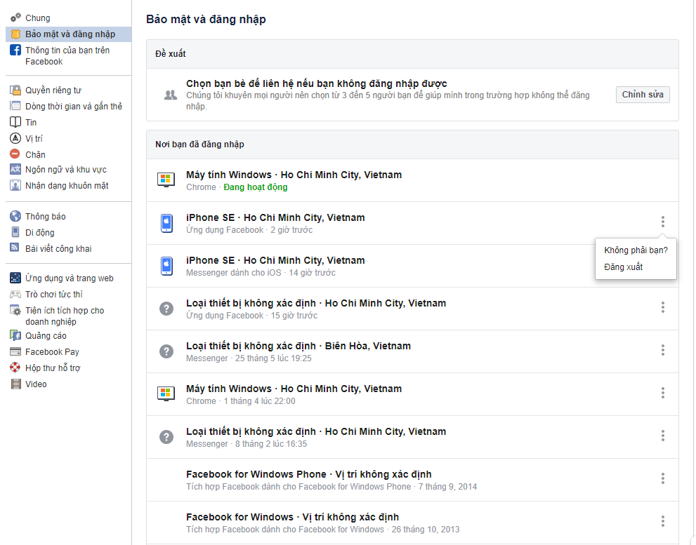 Kiểm tra những nơi bạn đã đăng nhập Facebook Ảnh: Chụp từ màn hình.