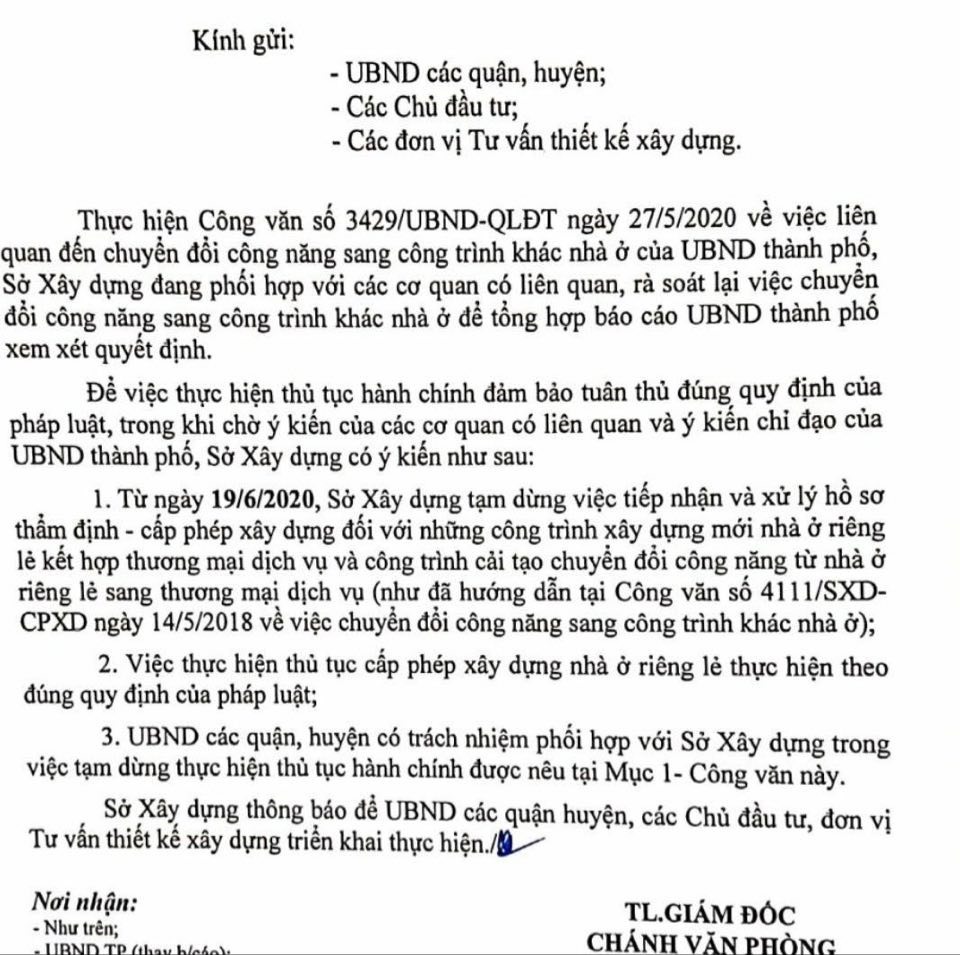 Công văn 4820/SXD-GPXD ngày 19.6 yêu cầu các quận huyện dừng cấp phép xây dựng chuyển đổi công năng nhà ở riêng lẻ sang thương mại dịch vụ (ảnh NV)