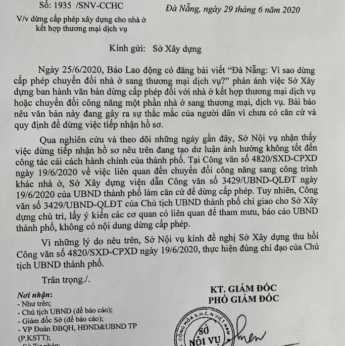 Sở Nội Vụ Đà Nẵng yêu cầu thu hồi Công văn có xu hướng lạm quyền của Sở Xây Dựng (ảnh NV)