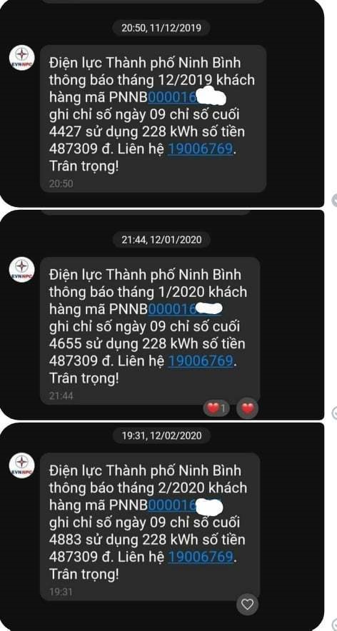 Hóa đơn tiền điện trong 3 tháng giống hệt nhau. Ảnh: Tuấn Nguyên