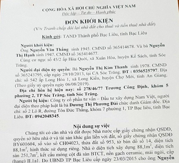 Đơn khởi kiện của ông Thắng, TAND Thành phố Bạc Liêu thụ lý từ tháng 12.2019, nhưng đến nay vẫn chưa xét xử (ảnh Nhật Hồ)