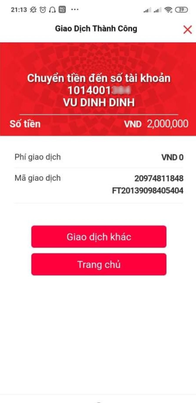 Anh H. “dính bẫy” chuyển 2 triệu đồng vào số tài khoản của kẻ gian. Ảnh: Nạn nhân cung cấp