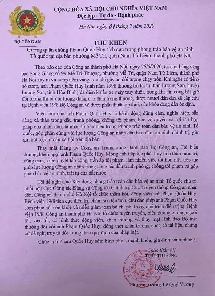 Thư khen của đại diện Bộ công an tới quần chúng Phan Quốc Huy.