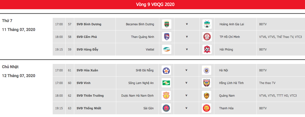 Lịch thi đấu vòng 9 LS V.League 2020