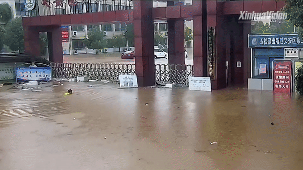 Cảnh sát bơi qua biển nước. Nguồn: Tân Hoa Xã