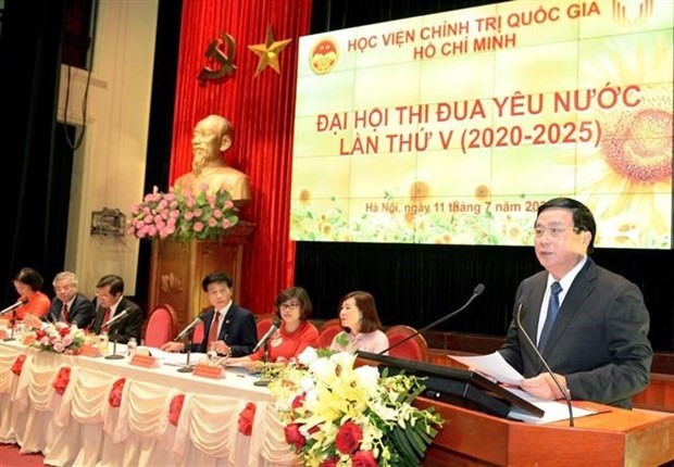 Bí thư Trung ương Đảng, Chủ tịch Hội đồng Lý luận Trung ương, Giám đốc Học viện Chính trị Quốc gia Hồ Chí Minh Nguyễn Xuân Thắng phát biểu tại Đại hội. (Ảnh: Phương Hoa/TTXVN)
