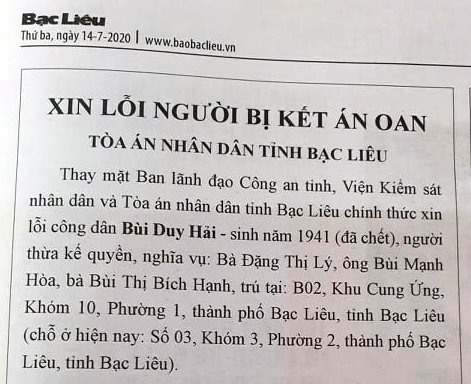 Bản tin xin lỗi công khai trên Báo Bạc Liêu (ảnh Nhật Hồ)