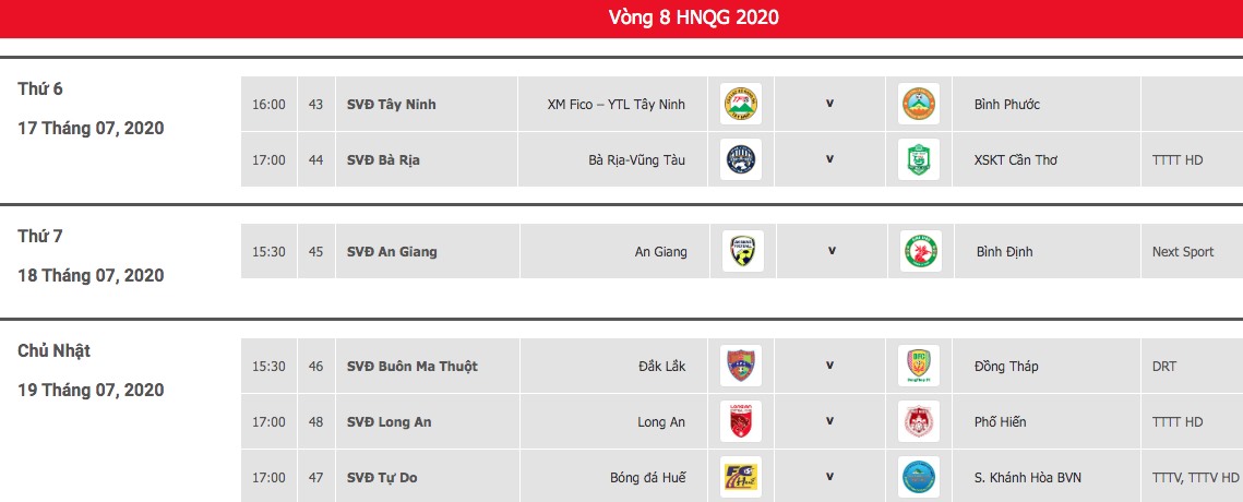 Lịch thi đấu cụ thể của vòng 8 giải hạng Nhất 2020. Ảnh: VPF.