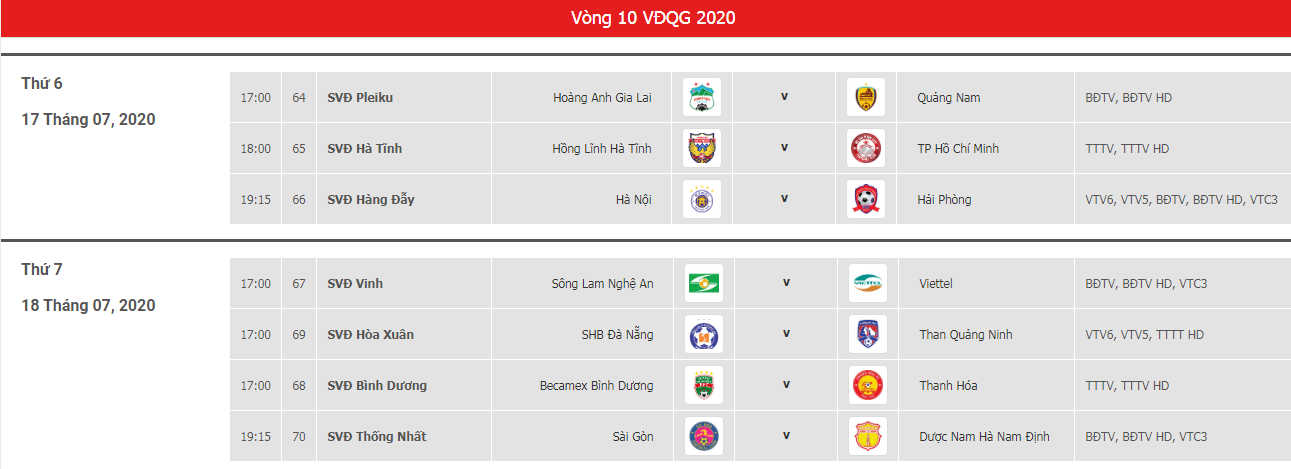 Lịch thi đấu vòng 10