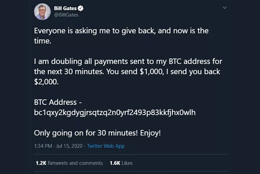 Tài khoản Twitter của Bill Gates bị hacker chiếm quyền. Chụp màn hình.