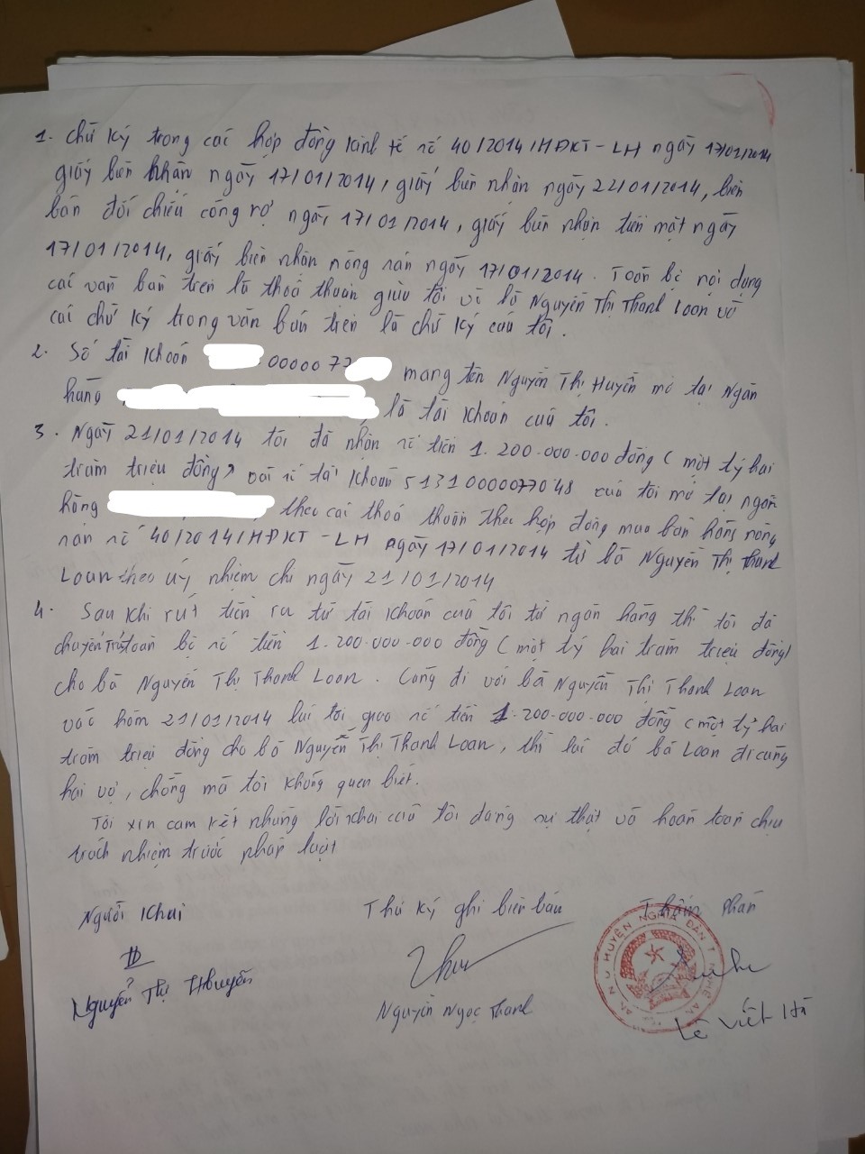 Lời khai của bà Nguyễn Thị Huyền về việc ký kết hợp đồng “mua bán nông sản” với bà Loan. Ảnh: QĐ