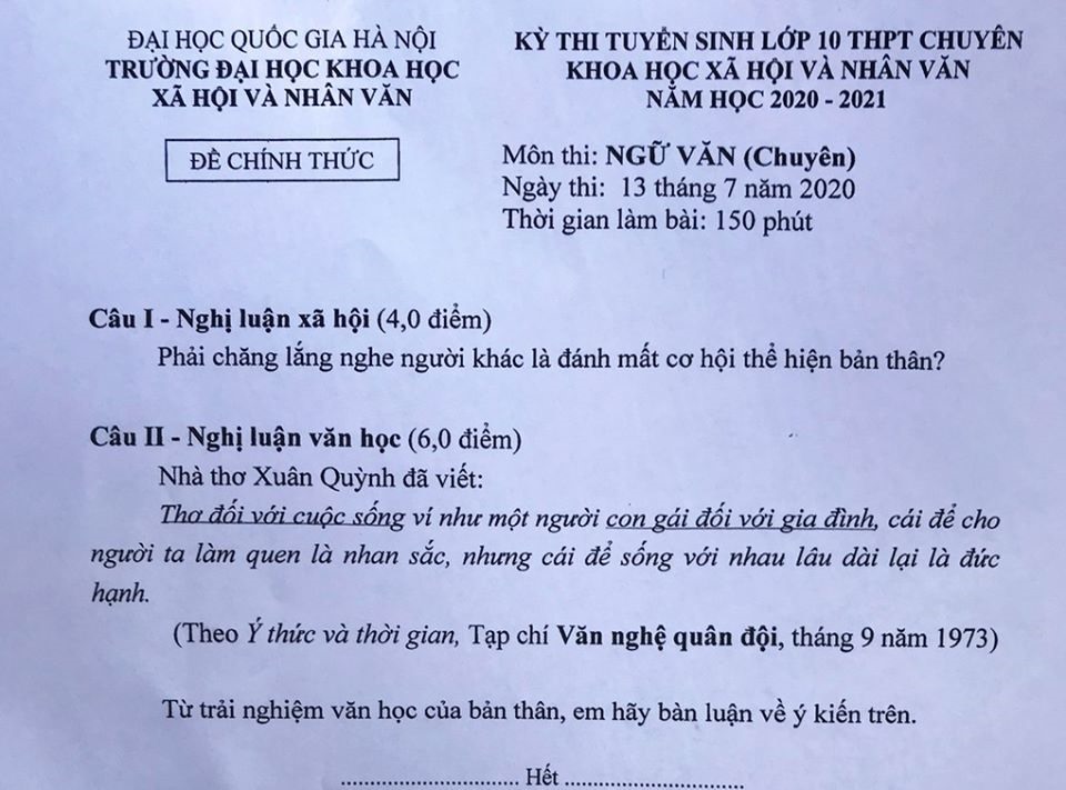 Đề thi Văn chuyên của trường THPT chuyên Khoa học Xã hội và Nhân văn. Ảnh: LDO.